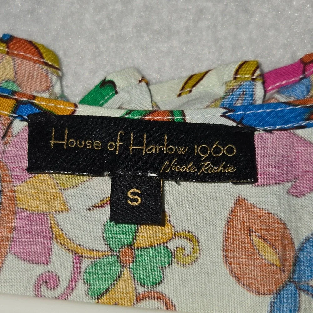 House of Harlow 1960 Nicole Richie Floral Smocked Mini Dress Cotton Small Multi - Picture 4 of 7